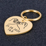 Porte-clés en forme de coeur gravé avec une date et des initiales couleur or