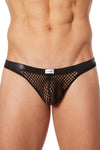 Lingerie Look Me : string noir filet bandes simili cuir moderne