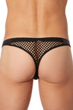 Lingerie Look Me : string noir filet bandes simili cuir moderne