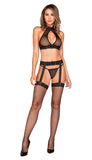 Ensemble soutien-gorge en dentelle noire, porte jarretelles et bas en résille et string assorti. poil long