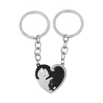 Porte-clés couple original coeur séparable en forme de chat argent et noir